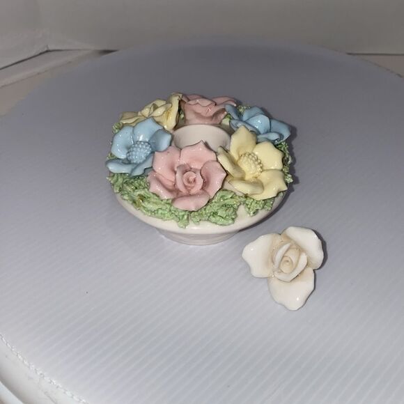 Vintage Norcrest Japan Porcelain Tapered Candle Holder Porcelain Pastel Flowers - Picture 5 of 13